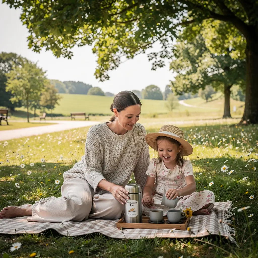 Ensemble de sachets de thГ© Г  la camomille avec Г©tiquettes colorГ©es.