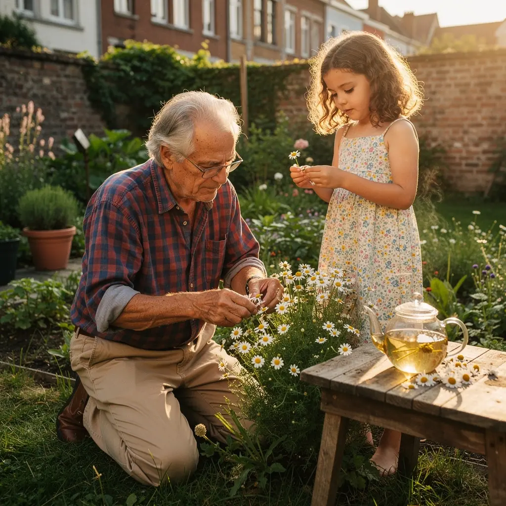 Thé à la camomille versé dans un verre transparent, avec des arômes de fleurs flottant dans l'air.